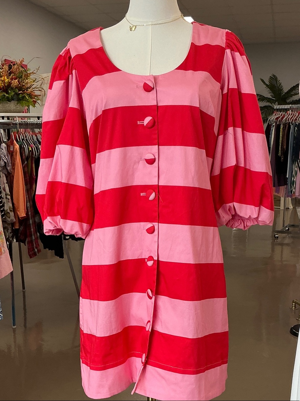 Bold Pink & Red Striped Women's Dress with Puff Sleeves